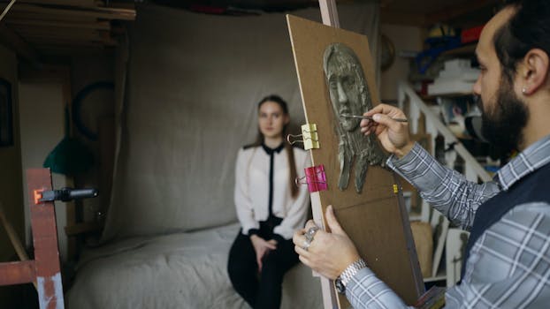 Artiste dessinant un portrait d'une modèle assise dans un atelier artistique, ambiance créative et intime.